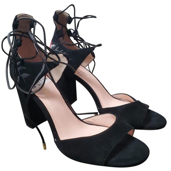 Kate Spade Oasis Lace-Up Suede Heels Floral Embroidered Sandals Black Size 6.5 - Picture 2 of 9
